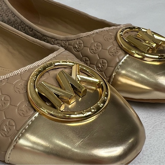 Michael Kors Ballet Flats MK Logo Embossed Gold Tan Beige 8M Luxe Neutral - Picture 14 of 17
